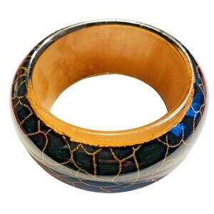 Vintage 1980's Bangle Bracelet Hard Plastic Wood Look Unique Chunky Fashion Chic